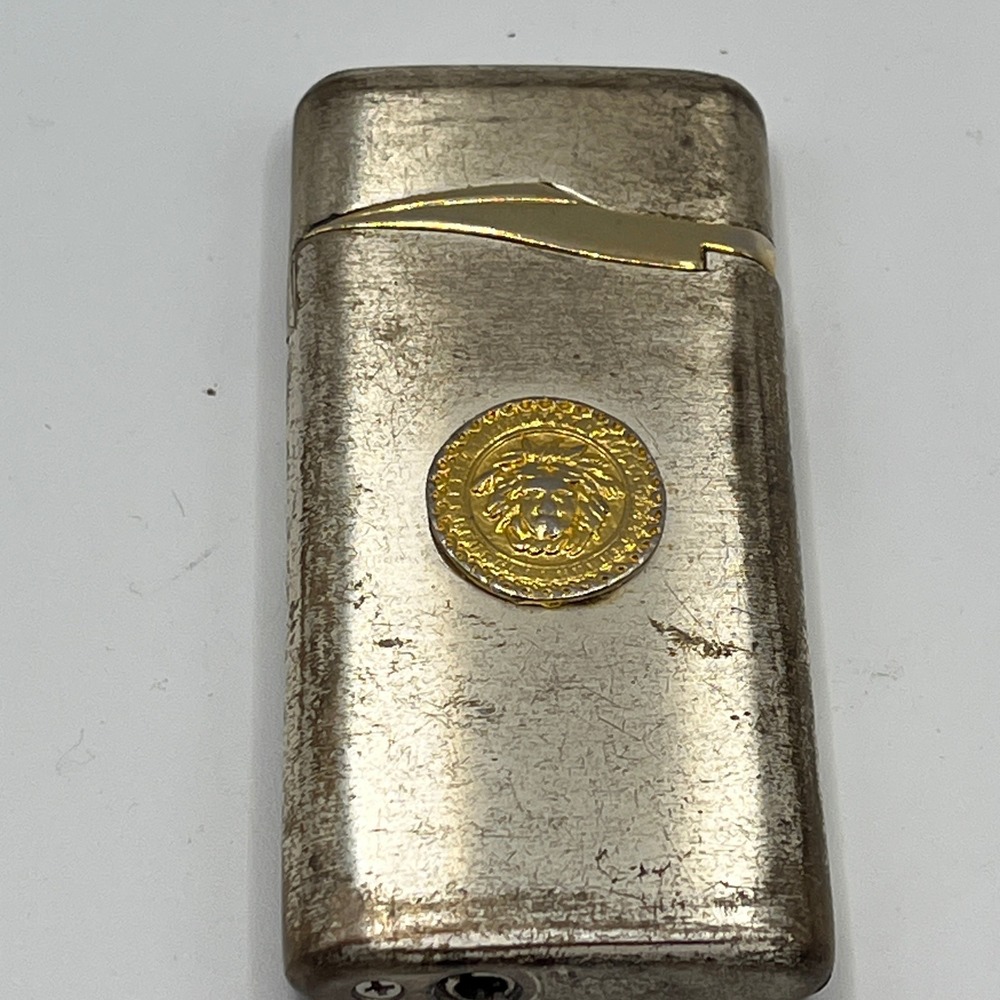 Vintage Silver Tone Lighter with Gold Medallion Refillable Butane Collectible